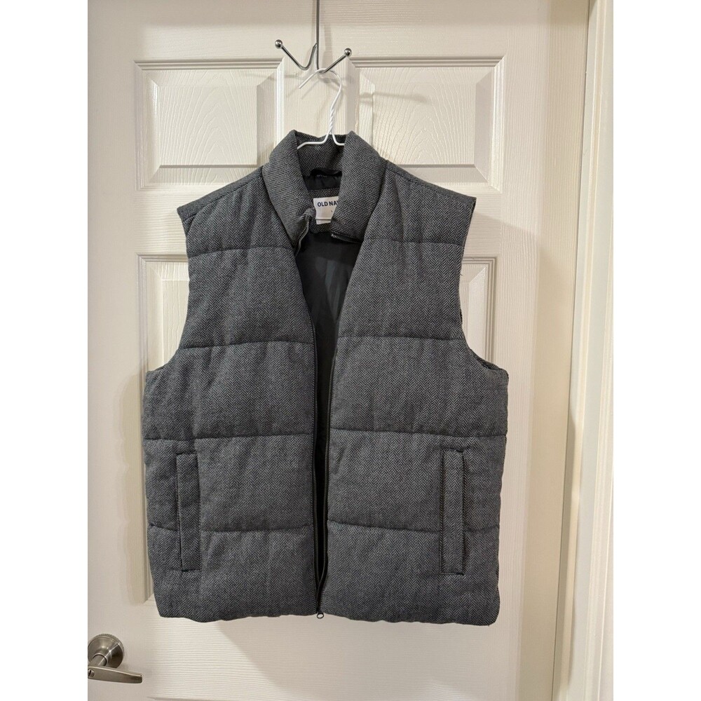 Old Navy Men’s Gray Herringbone Puffer Vest Full Zip Stand-Up Collar L Pockets - Picture 5 of 5